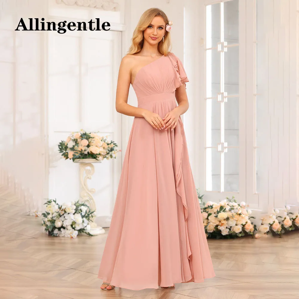 Allingentle Sleeveless V-neck Bridesmaid Dress Chiffon Ruched A-line Formal Dress with Slit Backless Prom Party Gown Customized