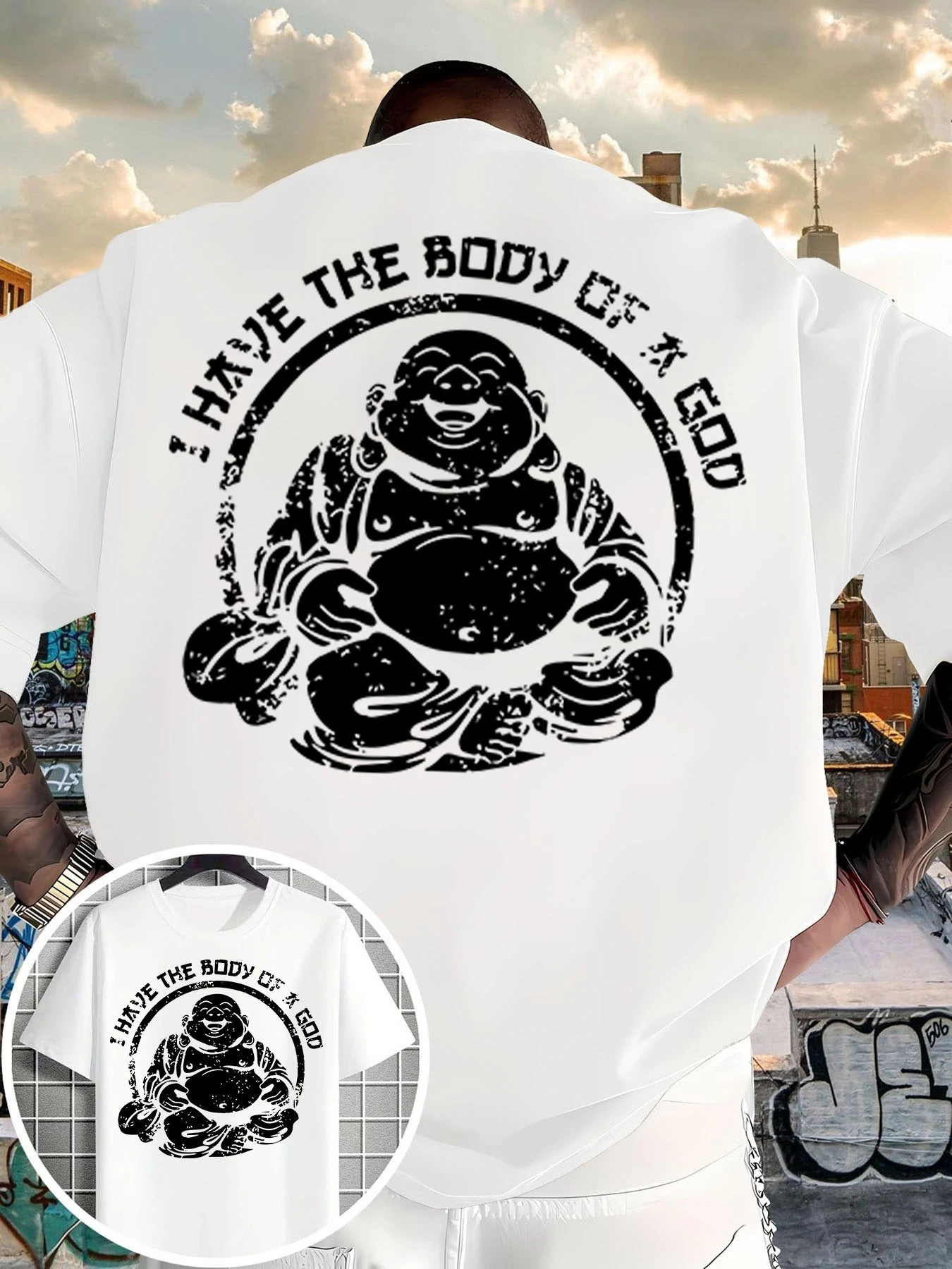 Men's short-sleeved shirt a simple design featuring a cartoon smiling Buddha and 