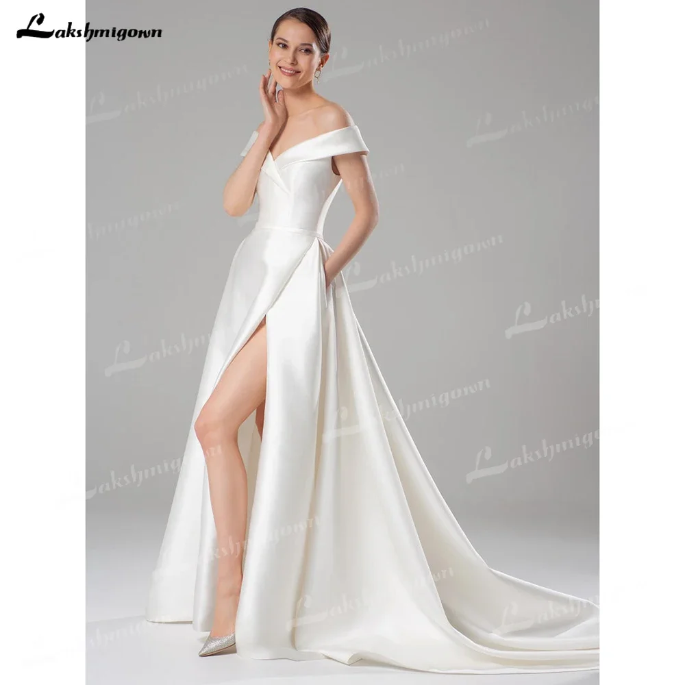 Robe de mariée simple en satin classique, robe de mariée unique, grande taille, poches blanches dorées, bandoulière dénudée moderne