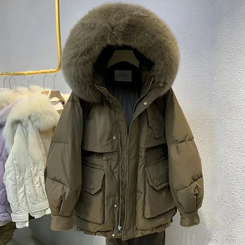 本物のアライグマの毛皮の襟付きダウンジャケット レディース 2025 冬 ファッション ゆったり 厚手 ホワイトダックダウンコート 女性用 暖かいパーカー オーバーコート