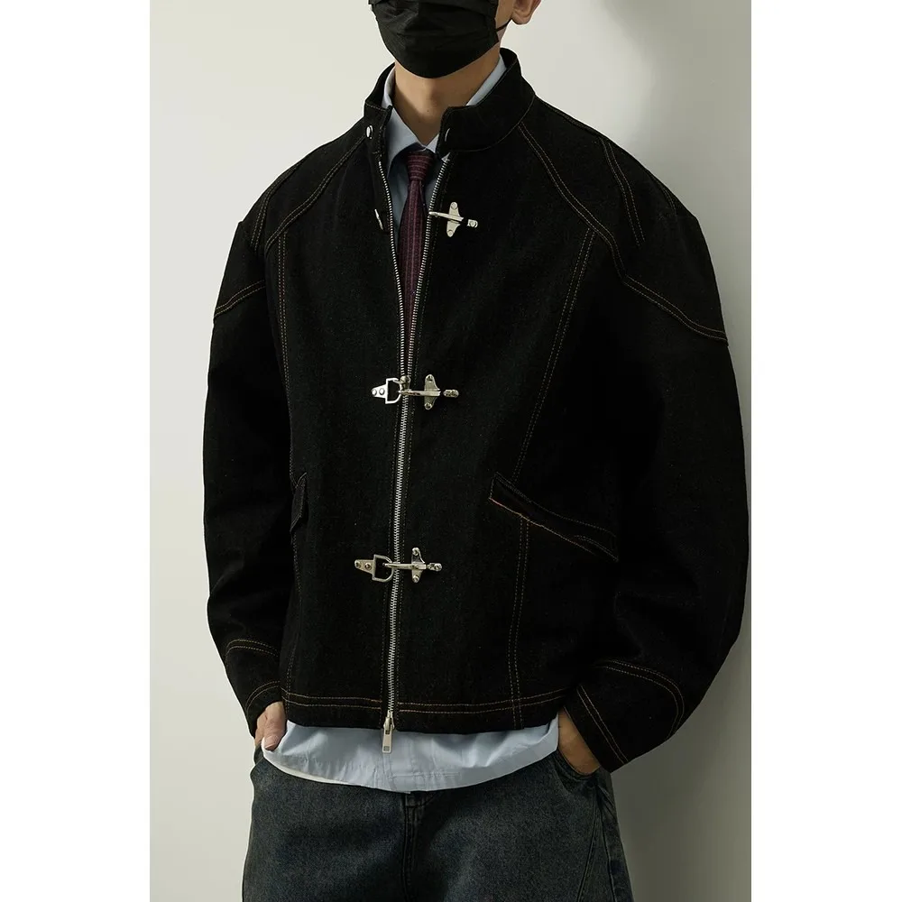 Black Design Sense Aircraft Buckle Denim Jacket Men's Loose Fit Zipper Collar Jacket Versatile Autumn Outerwear Polyester