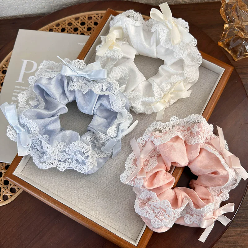 Ballet-style Ribbon Bow Embroidery Lace Scrunchie for Women Girls 2024 Spring Summer Korean Sweet Colored Hair Band Headdress