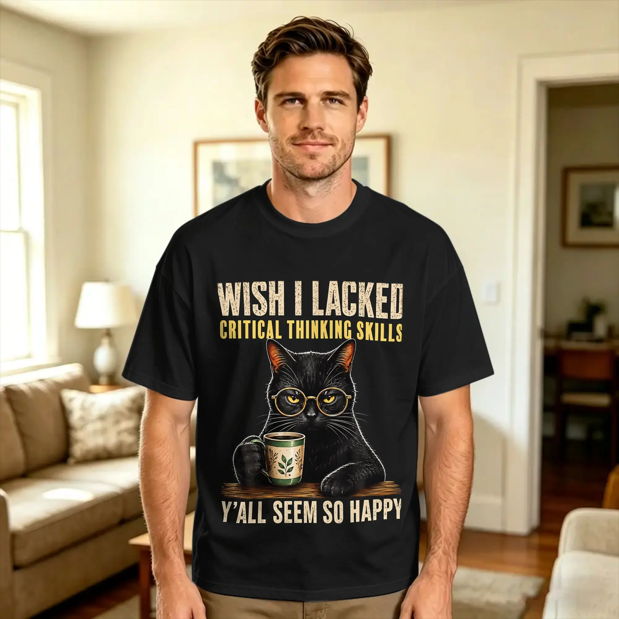 Streetwear T Shirt Beach Funny Cat Wish I Lacked Critical Thinking Skills Classic Fashion T Shirts  100% Cotton Tshirt for Man