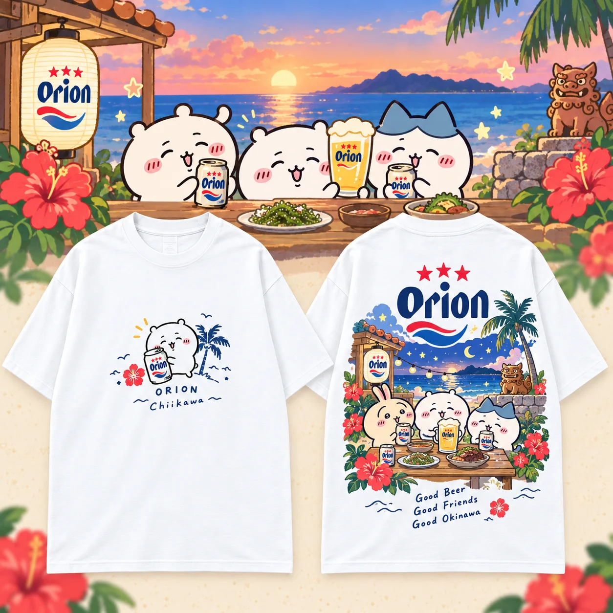 Chiikawa Cute Kawaii Okinawa Beer Tee Men's Women's White Retro Cool Graphic Art Print Oversized Short Sleeve Streetwear Top
