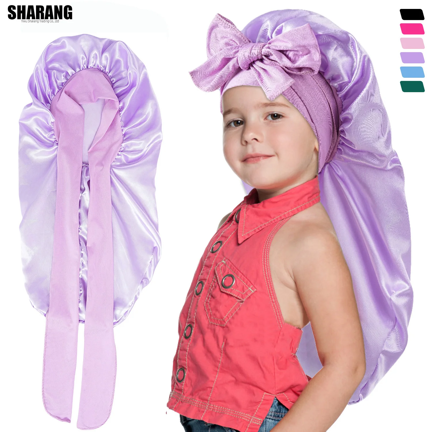 Soft Silky Long Satin Bonnet For Children Natural Hair And Curly Hair Normal Size Hair Cap With Tie For Comfortable NightSleep