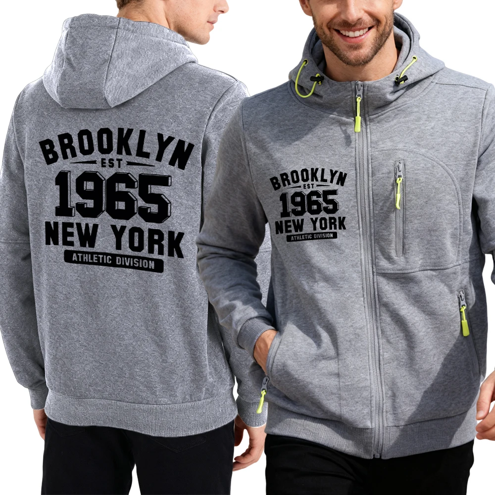 

Brooklyn 1965 New York Prints Men Zipper Streetwear Hip Hop Pocketed Hoodie Casual Loose Hoody Autumn Soft Top Fashion Hoodies