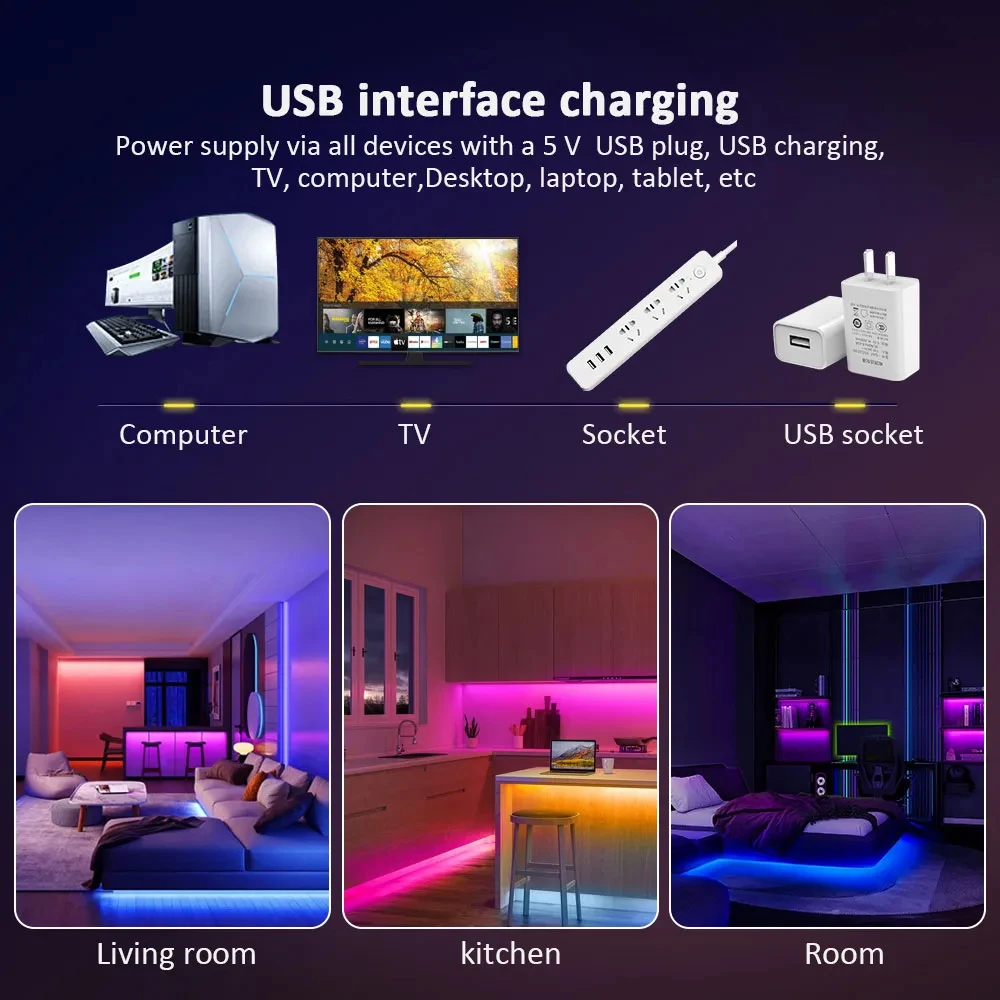 RGB 5050 Smart LED Strip USB for Bedroom Decoration Bluetooth APP Remote Control Color Changing Flexible Strip Light Diode Party