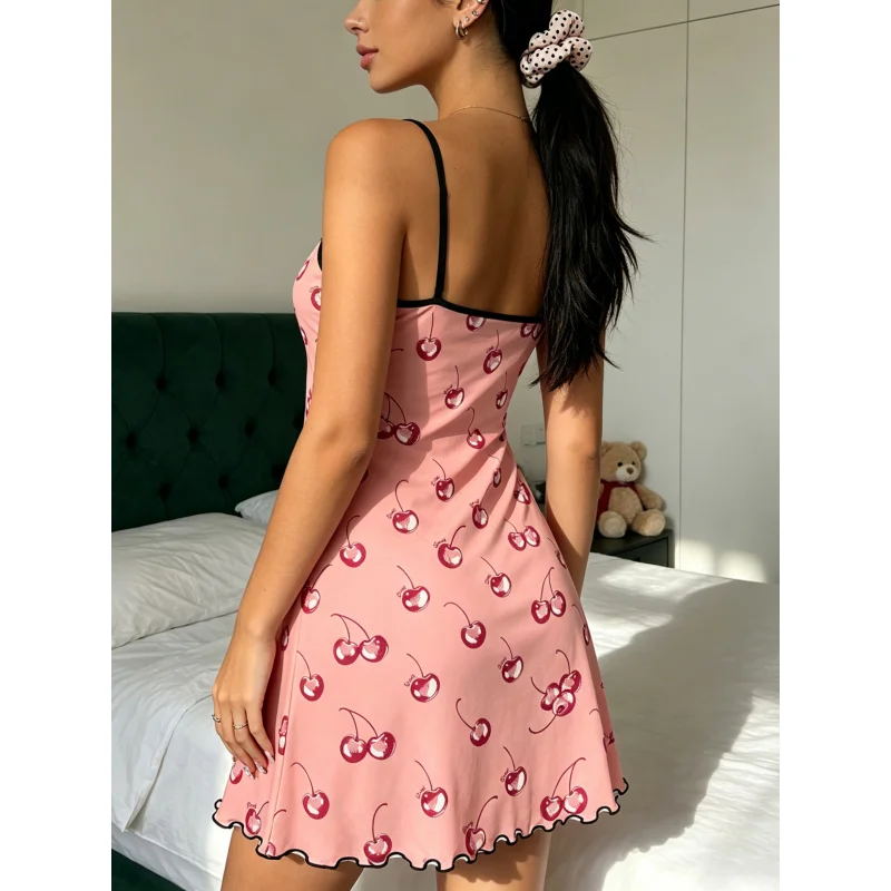 Women Summer Nightdress Spaghetti Strap Ruffle Trim Round Neck Home Loungewear Sleep Dress Cute Cherry Print