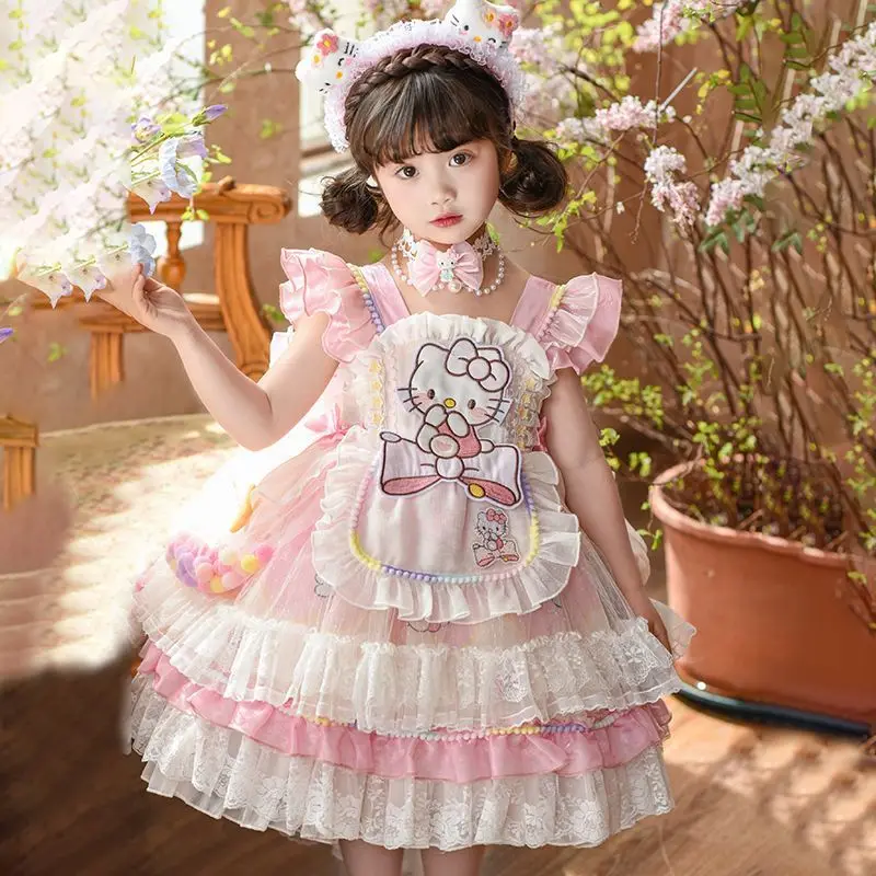 Sanrio Girls Princess Dress Children's Cake Dress Cute Hello Kitty Birthday Fairy Tale Cartoon Skirt Anime Suit