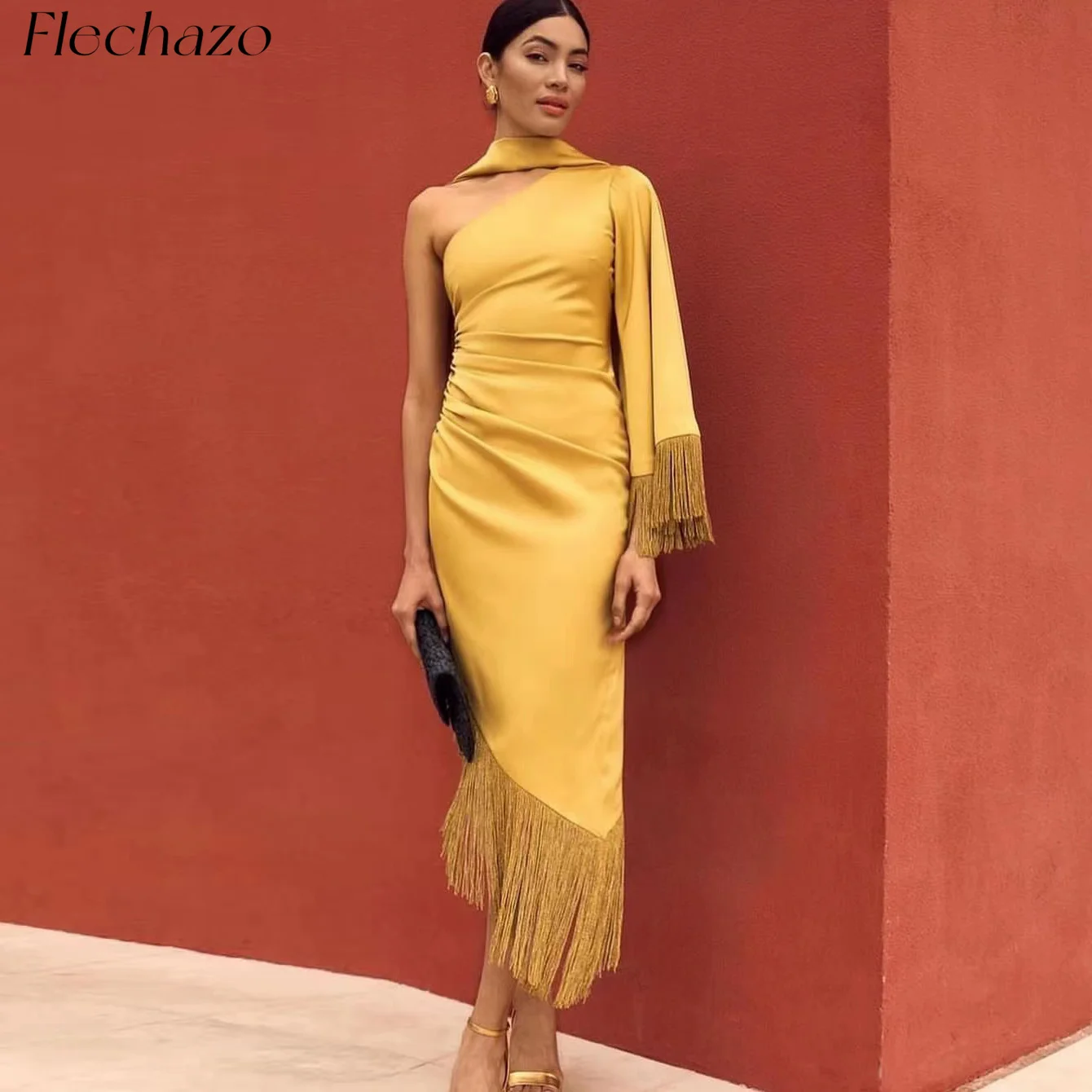 

Flechazo Golden Evening Dresses One Shoulder Tea-Length Tassel Formal Party Dress For Women 2024 Saudi Arabia فساتين السهرة