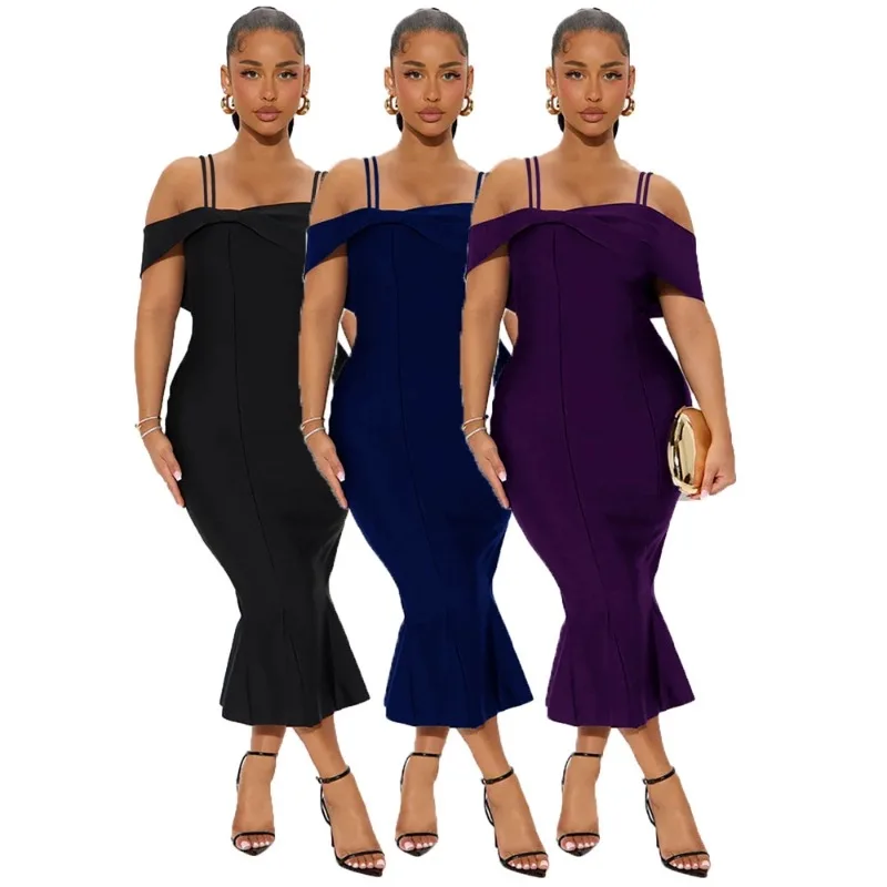 Customized women's sexy tight party dress with off shoulder camisole, MIDI skirt, ruffled cocktail party dance dress