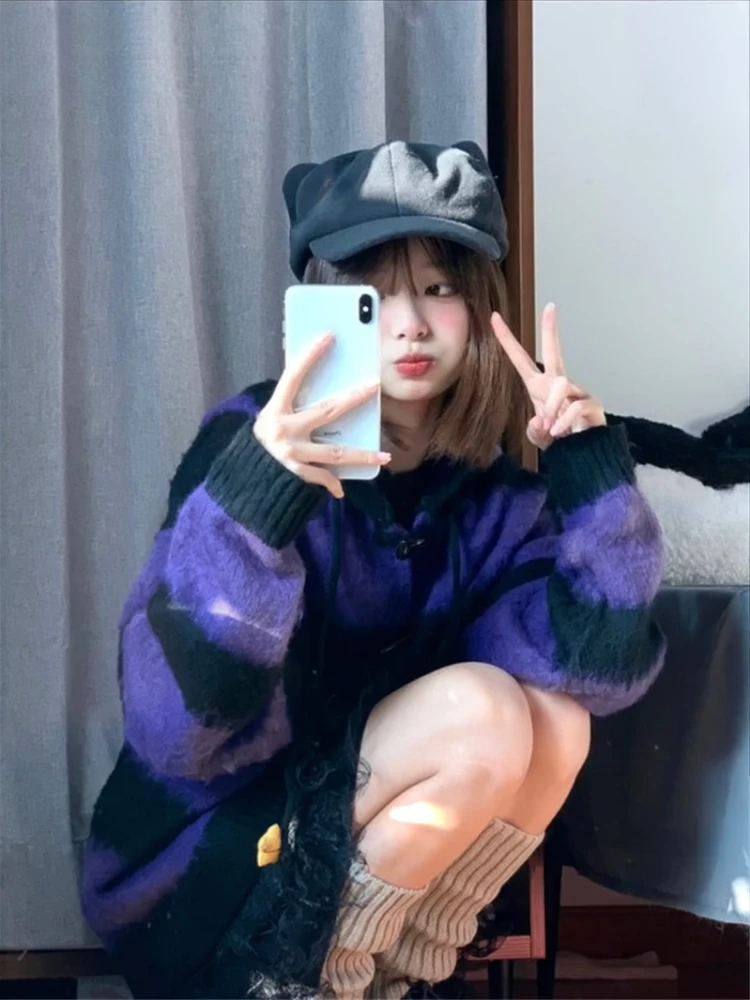 American Vintage Sweet Spicy Sweater Knit Patchwork y2k Long Sleeve Subculture stripe Fashion Casual Pullover Woman Autumn