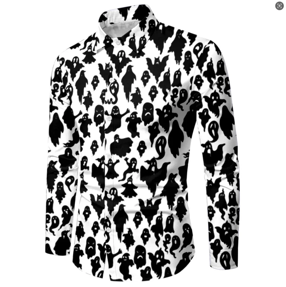 Men's Halloween 3D Printed Lapel Long Sleeve Shirt Pumpkin Ghost Pattern Trendy Casual Daily Wear Polyester Fabric
