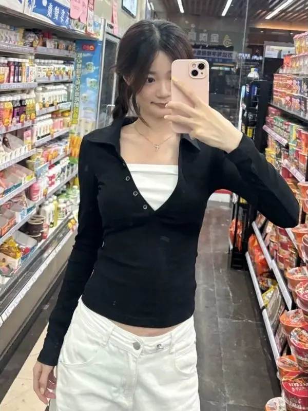 Retro American Color Block  Neck Long Sleeve T-Shirt Women's Slim Fit Short Style Spring Autumn INS Breathable Cotton Blend