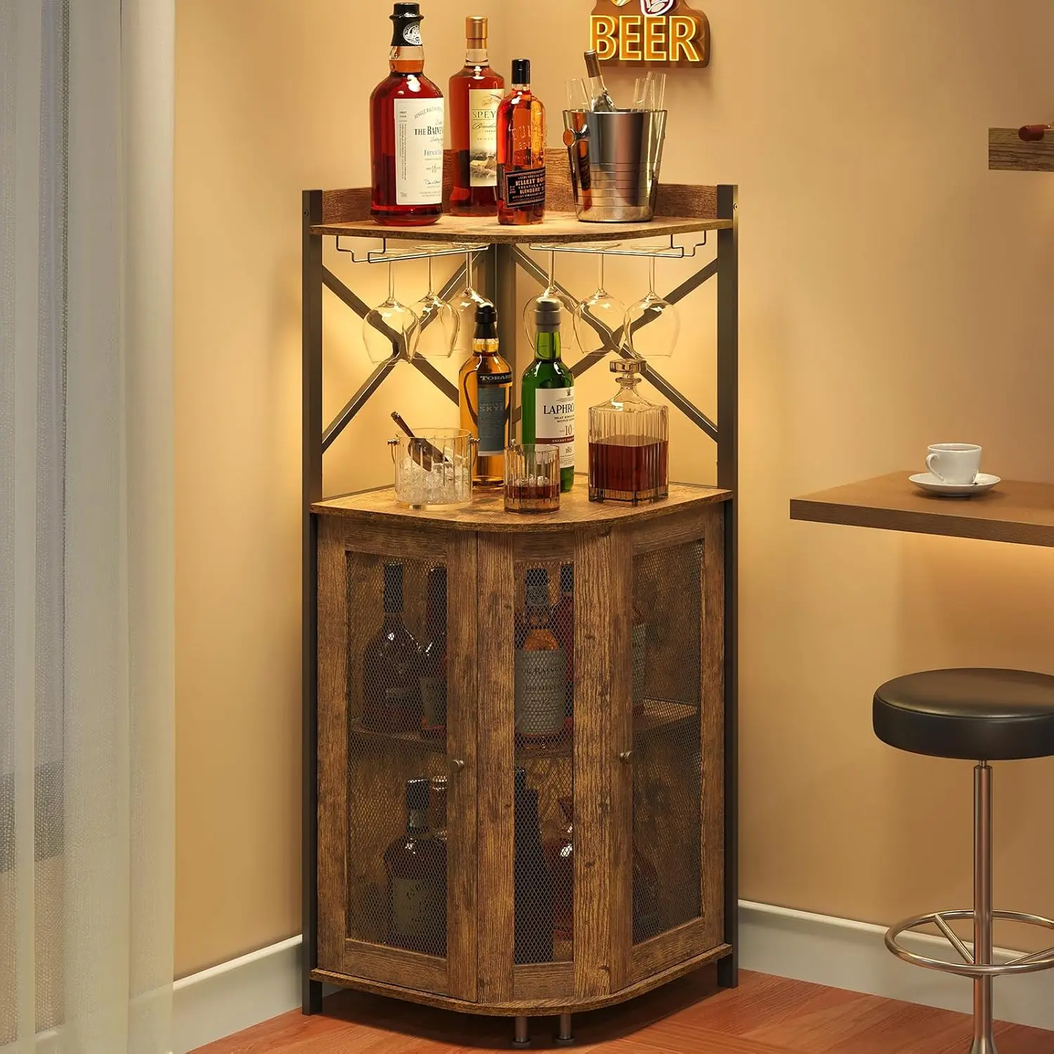 

Corner Bar Cabinet with LED Lights,Industrial Wine Cabinet with Glass Holder,4-Tier Wine Cabinet with Door and Shelf,Fa