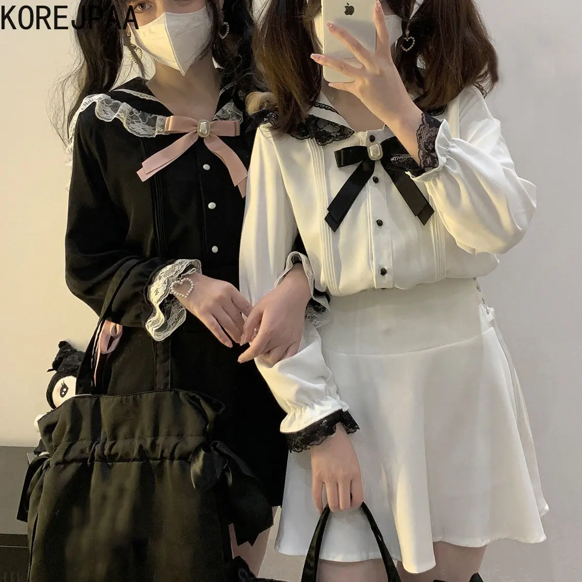 

Korejpaa Japan Style Women Shirt 2025 Spring Autumn Lace Ribbon Bow Long Sleeve Shirts Lolita Camisas Kawaii Clothes Sweet