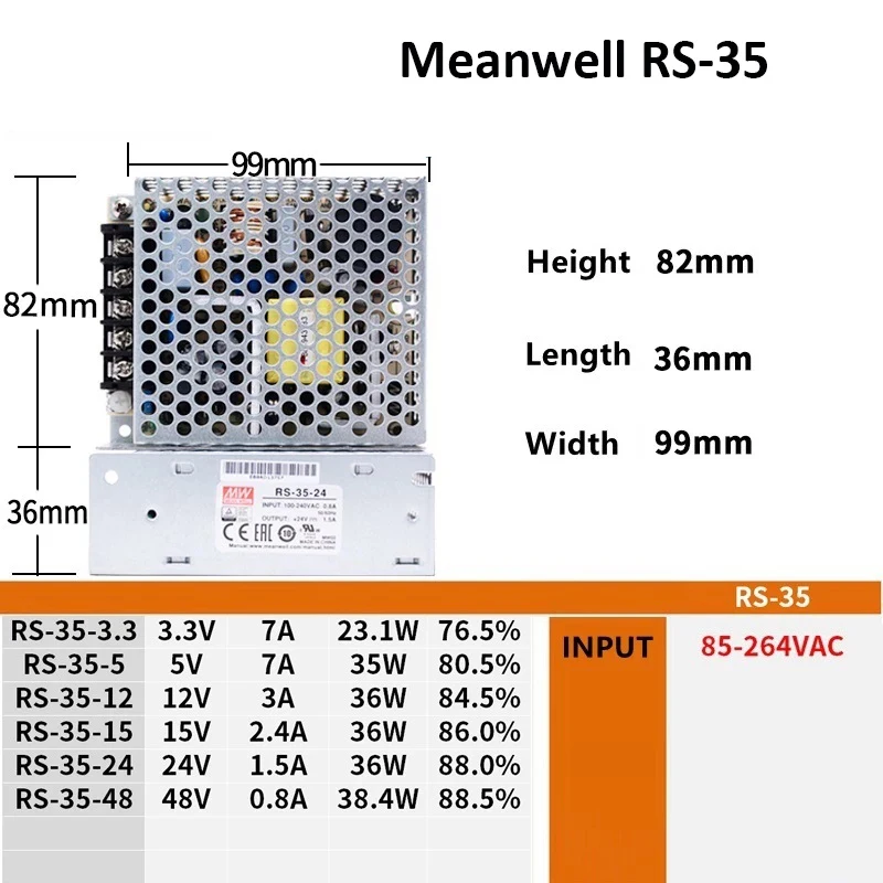 Meanwell RS35 Chuyển Đổi Nguồn Điện 35W Đĩa Đơn Đầu Ra DC 3.3V 5V 12V 15V 24V 48V Có Nghĩa Là Cũng MW RS-35