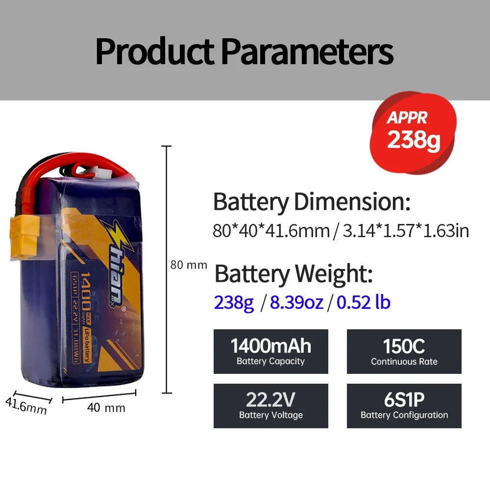 2PCS High C Rating 22.2V 6S LiPo Battery 1400mAh 150C with XT60/90 for FPV Drone Racing Quadcopter RC Airplane UAV Helicopter