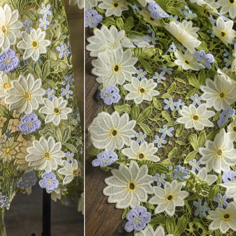 Heavy Industry Green Flower Embroidery Hollow Fabric Water Soluble Flower Hand Woven Dress Tablecloth Clothing Designer Fabric