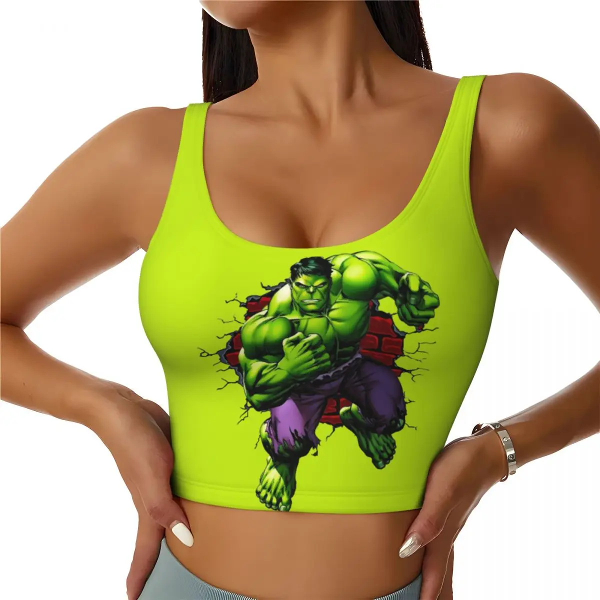 

Custom Women's Hulk Comic Art Sports Bra Superhero High Impact Gym Workout Running Crop Tank Tops