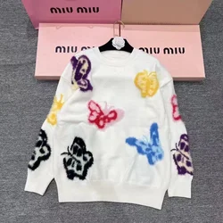 Women Autumn Winter Cashmere Knitted Print Butterfly Pullovers Sweater High Quality Loose Elegant Tops Short Coat Jacket F772