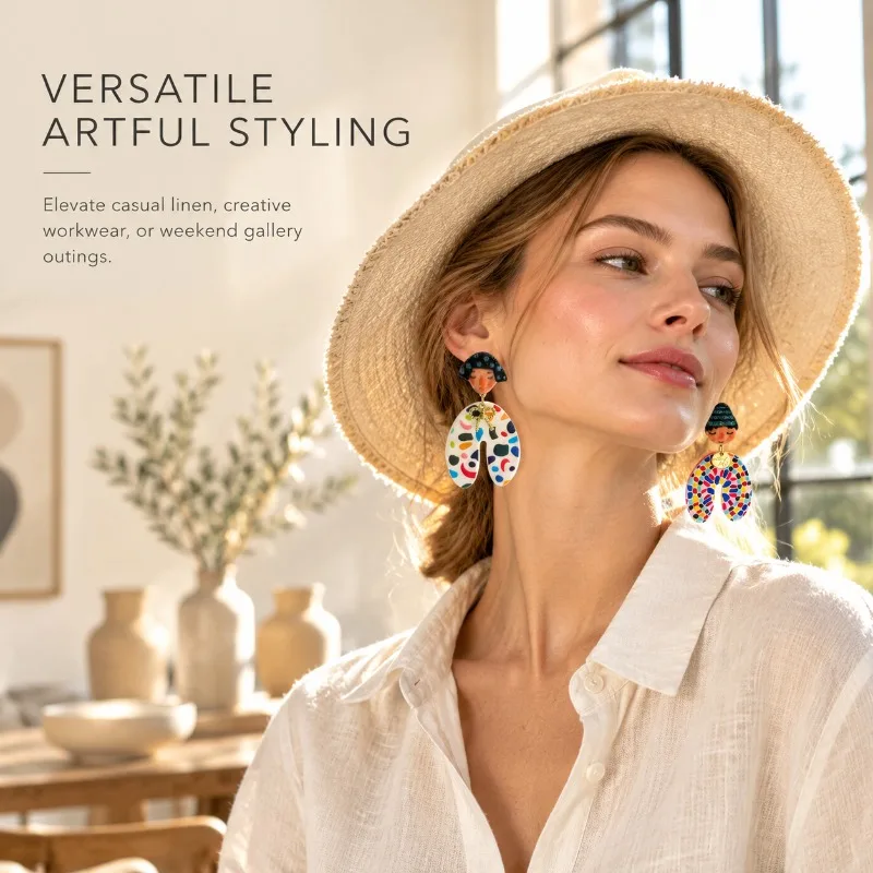 Handmade Abstract Figure Statement Earrings Colorful Art Print Dangle Earrings Bohemian Daily Party Jewelry for Women Girls