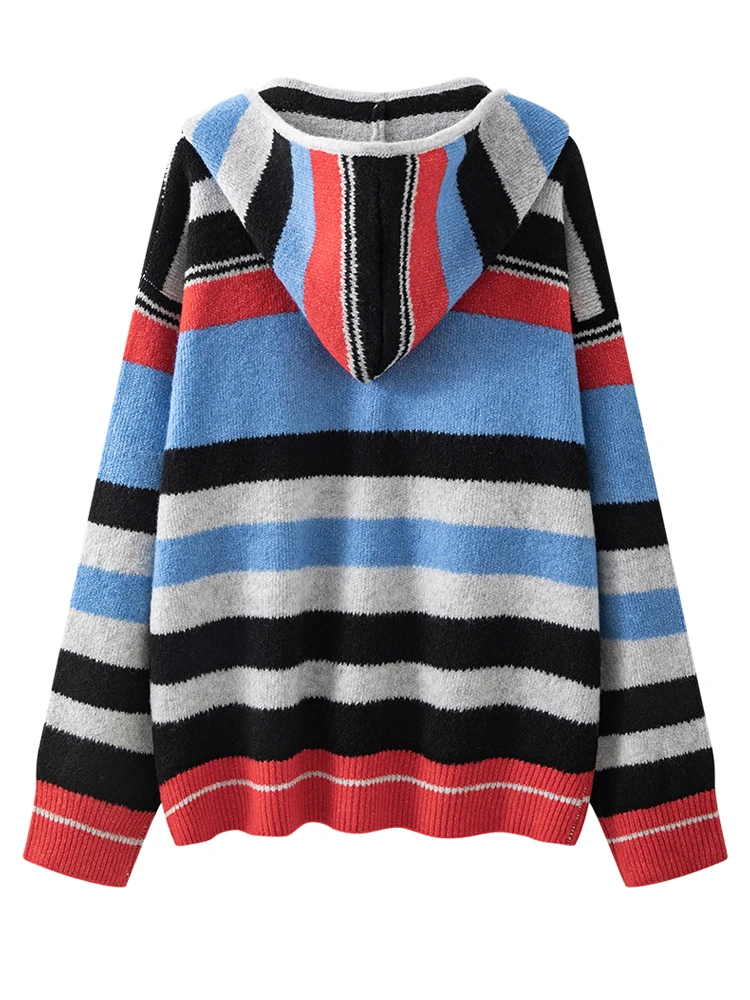 AELESEEN Women Casual Loose Knitter Sweater With Hat Autumn Winter Colorful Striped Printed Long High Street Sweety Top