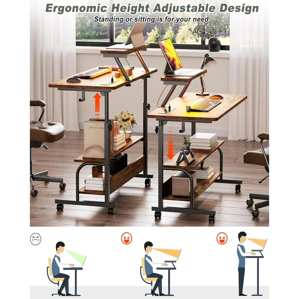 32-inch Height-Adjustable Standing Desk with Integrated Power Outlets, LED Lighting, Monitor Stand, and Storage Shelves