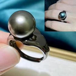 MeiBaPJ 11mm Peacock Blue Natural Round Pearl Fashion Black Ring Real 925 Silver Empty Holder Fine Wedding Jewelry For Women