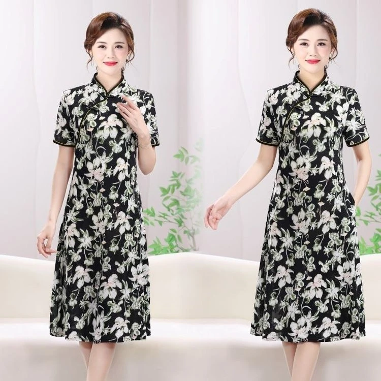 فستان صيفي نسائي جديد نسخة طويلة أوائل الربيع فستان مطبوع عصري على الطراز الصيني