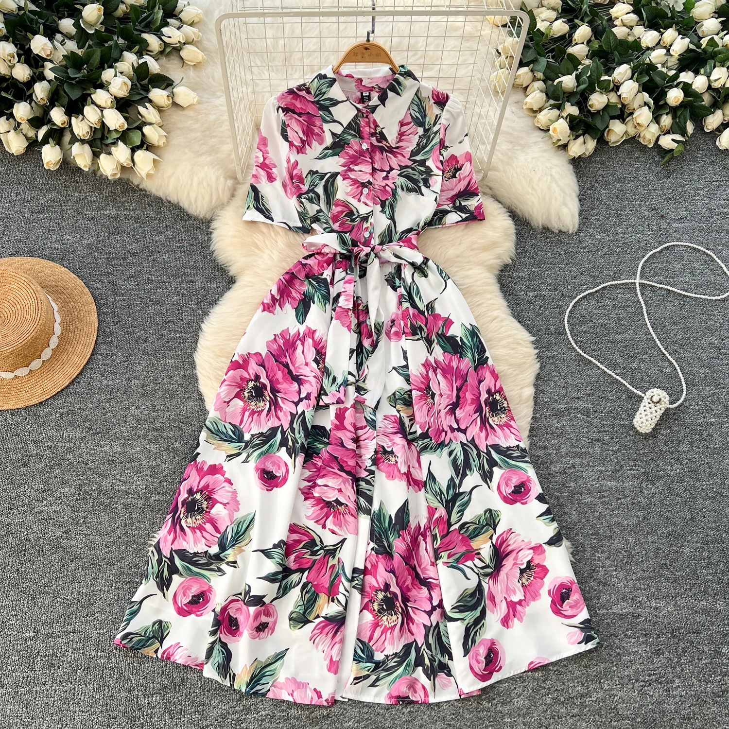 Chic Single Breasted Elegant split lace-up print Vintage Dress Elegant High Waist Korean evening dress