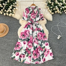 Chic Single Breasted Elegant split lace-up print Vintage Dress Elegant High Waist Korean evening dress