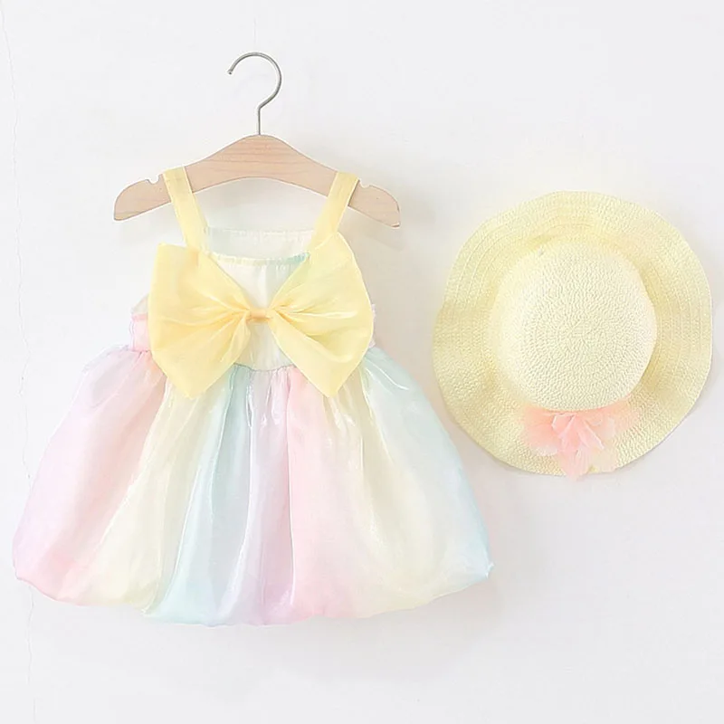 

2Piece Summer Baby Sets Kids Clothes Girls Korean Fashion Mesh Cute Bow Sleeveless Luxury Dresses+Sunhat Princess Dress B131