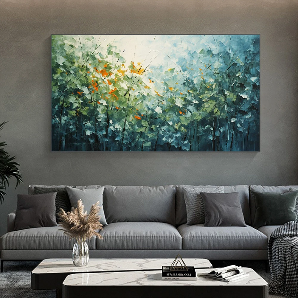 Hand Painted Oil Painting Original Lush Plants Oil Painting Large Wall Art Blue Decor Abstract Green Leaf Art Living Room Decor