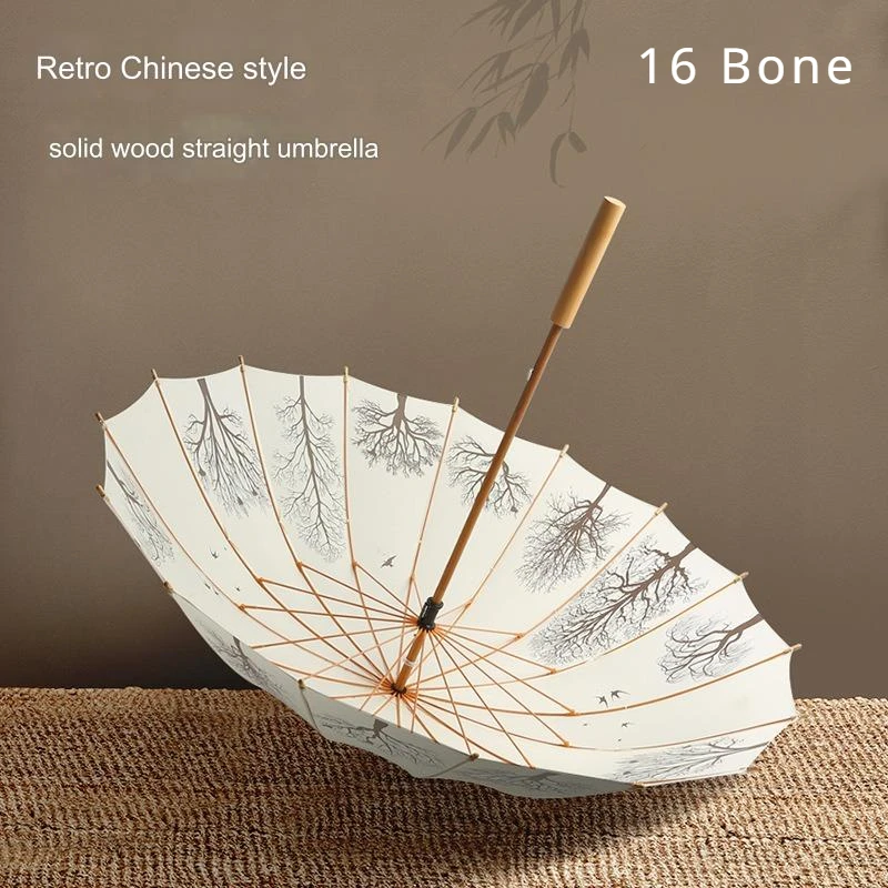 

Retro Wooden Handle Umbrella Chinese Style Solid Wood Long Handle Umbrella Straight Rod Reinforced 16 Rib Manual Gift Umbrella