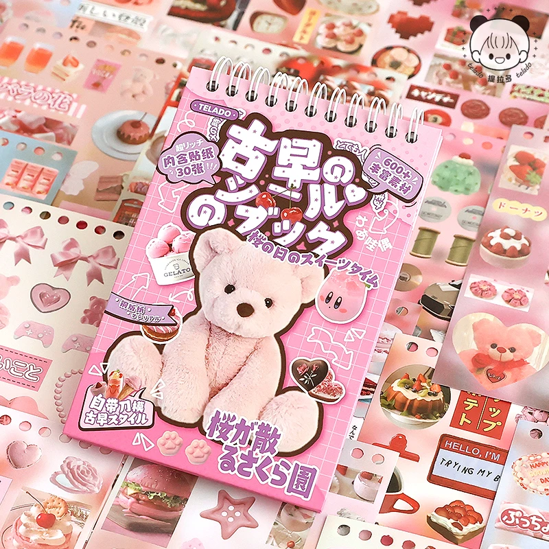 30sheets/book Y2K Retro Cute Bear Food Cut Film Sticker for Laptop Phone Camera Journal Scrapbook Kawaii Decoration Sticker Gift