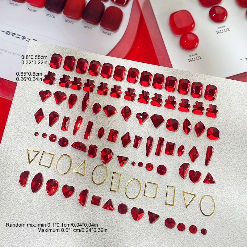 Metalowe zawieszki 3D w kształcie serca i kwadratu do zdobienia paznokci, błyszczące czerwone szklane cyrkonie, inkrustowane misie, dekoracje do paznokci DIY, biżuteria do paznokci.