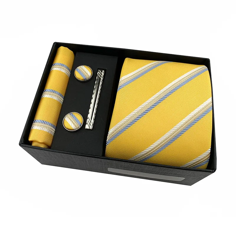 Striped Neck Tie Cufflinks Clip Pocket Square Set Necktie Kerchief Scarf Wedding Party Business Shirt Suit Ties Scarves Men Gift