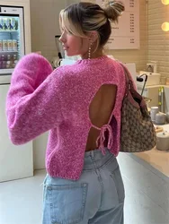 Tossy-suéter sin espalda con cordones para mujer, Jersey Sexy de manga larga, cuello alto, Top holgado de vendaje, Camisola de calle