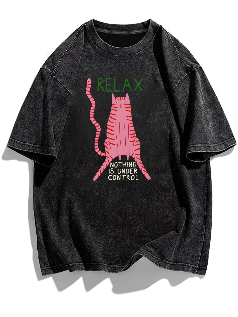 Quirky Green Cat T-Shirt Washed Cotton Funny Animal Graphic Tee Aesthetic Character Top Creative Streetwear Fashionable Clothing