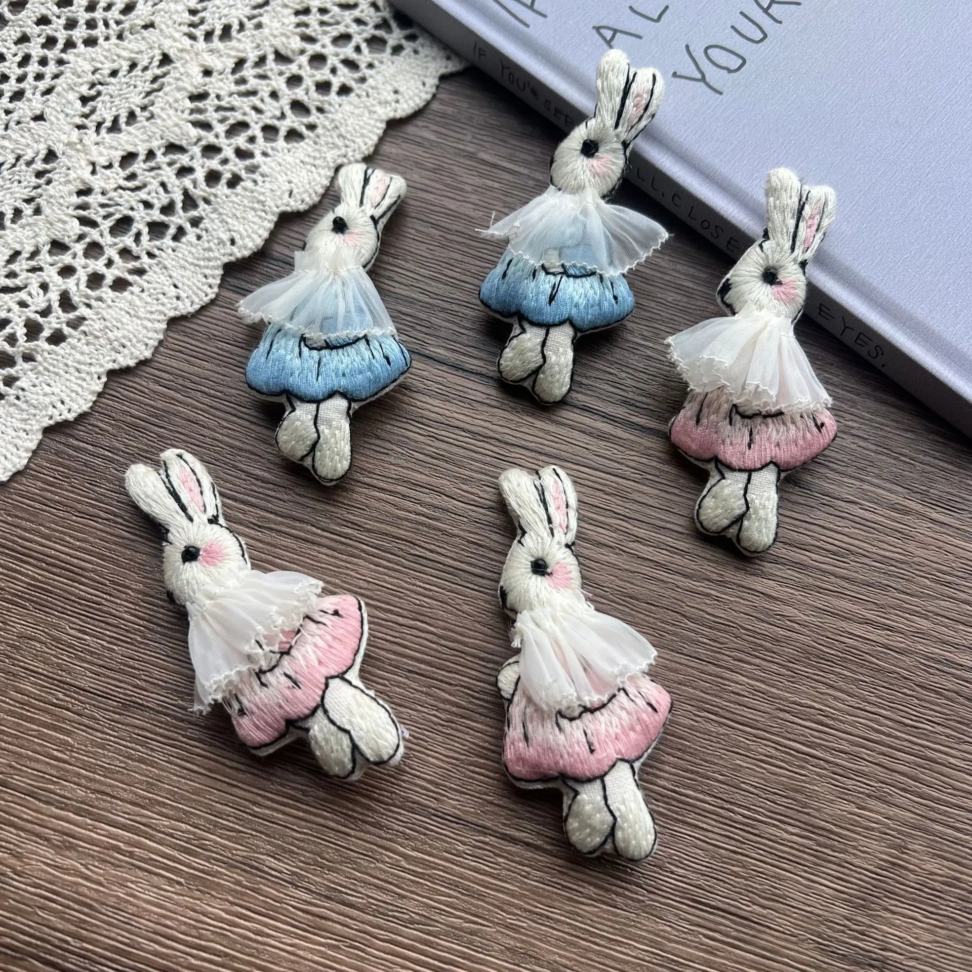 Pink Blue Embroidered Lace Bunny Fabric DIY Sewing Trim for Purse Hairpin Bag Charm Versatile Craft High Quality