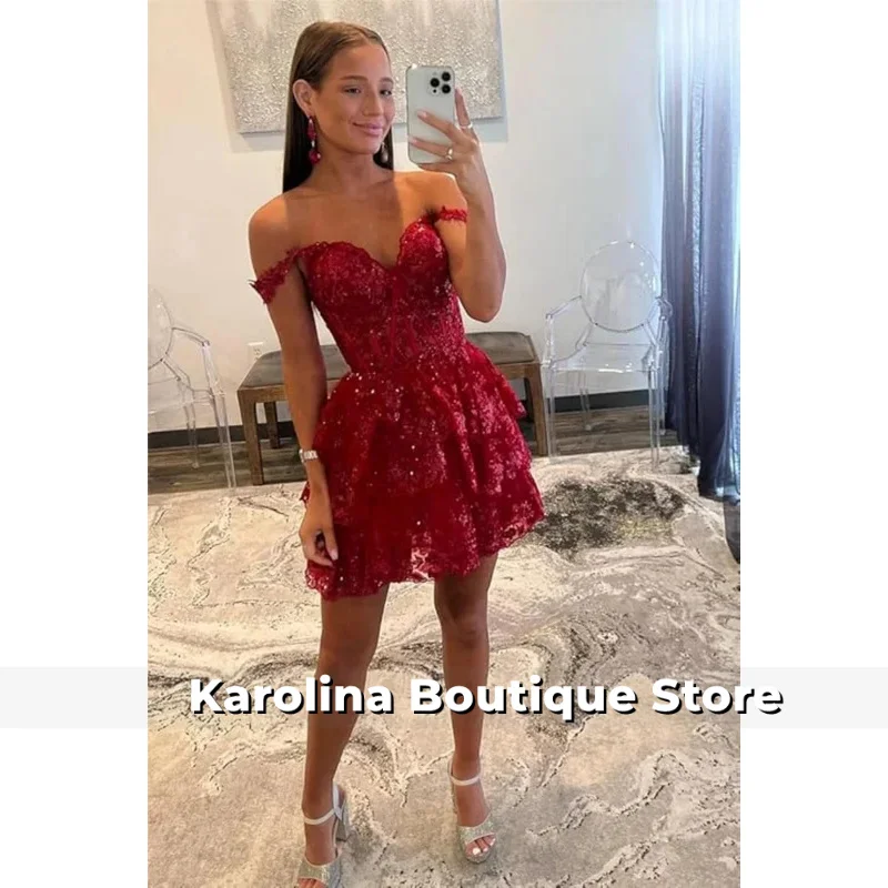 Sparkly Tulle Tiered Homecoming Dress for Teens Off Shoulder Short Cocktail Party Gown Corset Formal Mini Prom Dress