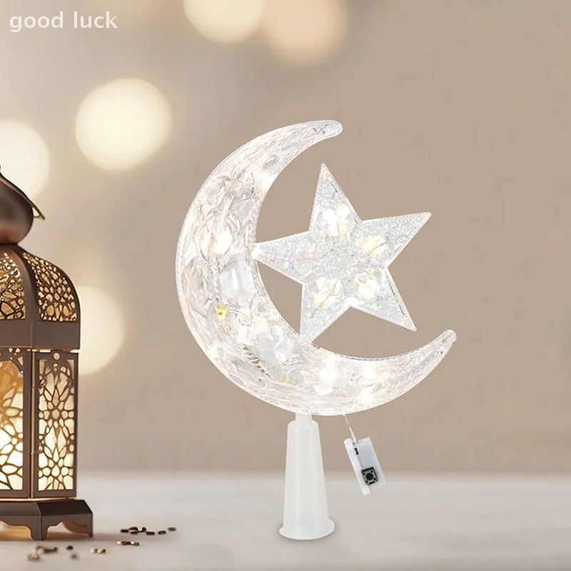 สําหรับ Eid Mubarak มุสลิมเครื่องประดับรอมฎอนตกแต่ง LED Moon Star ต้นคริสต์มาส Topper ตกแต่ง Moon Star โคมไฟ