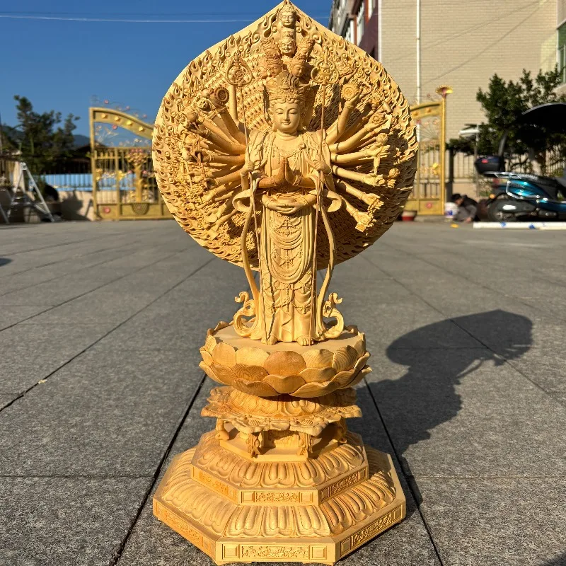 Hand-Carved Hinoki Thousand-Hand Guanyin Statue - 24.4