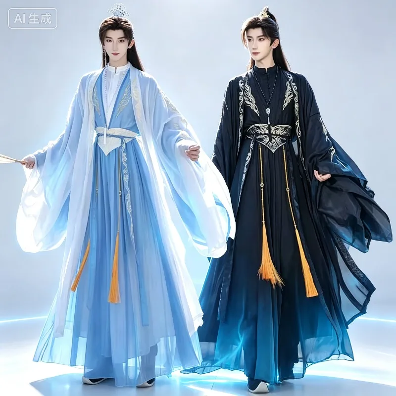 Black White Blue Contrast Embroidered Antique Hanfu For Men Halloween Party Costume
