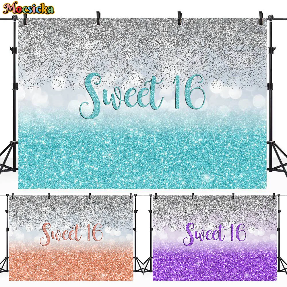 

Mocsicka Sweet 16 Birthday Background Silver Glitter Girl Happy 16th Birthday Party Decor Backdrop Photo Studio Photoshoot Props