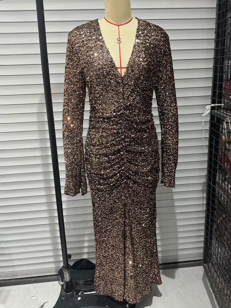 HH Abito lungo sexy da donna con scollo a V e paillettes con orlo a fessura Decorazione Abito lungo femminile elegante maniche lunghe Abiti da sera sottili