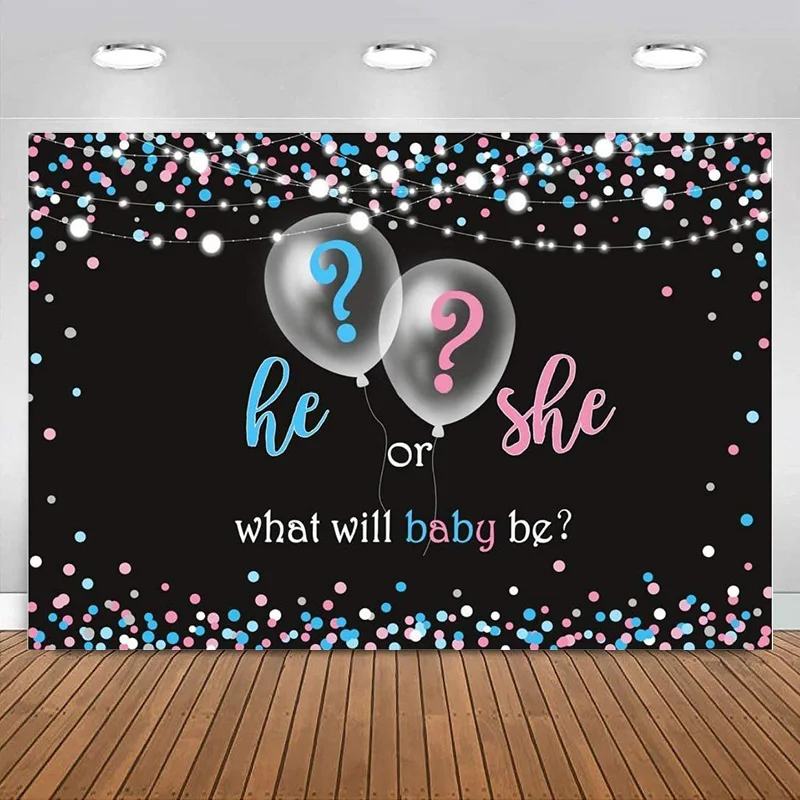 

He or She Gender Reveal Backdrop Blue or Pink Question Mark Balloon Photography Background Baby Shower Party Decorations Banner