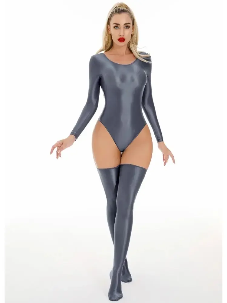 M-XL unissex brilhante manga longa catsuit maiô collants sexy corpo ursinhos elástico fitness bodysuit banho collant unitard