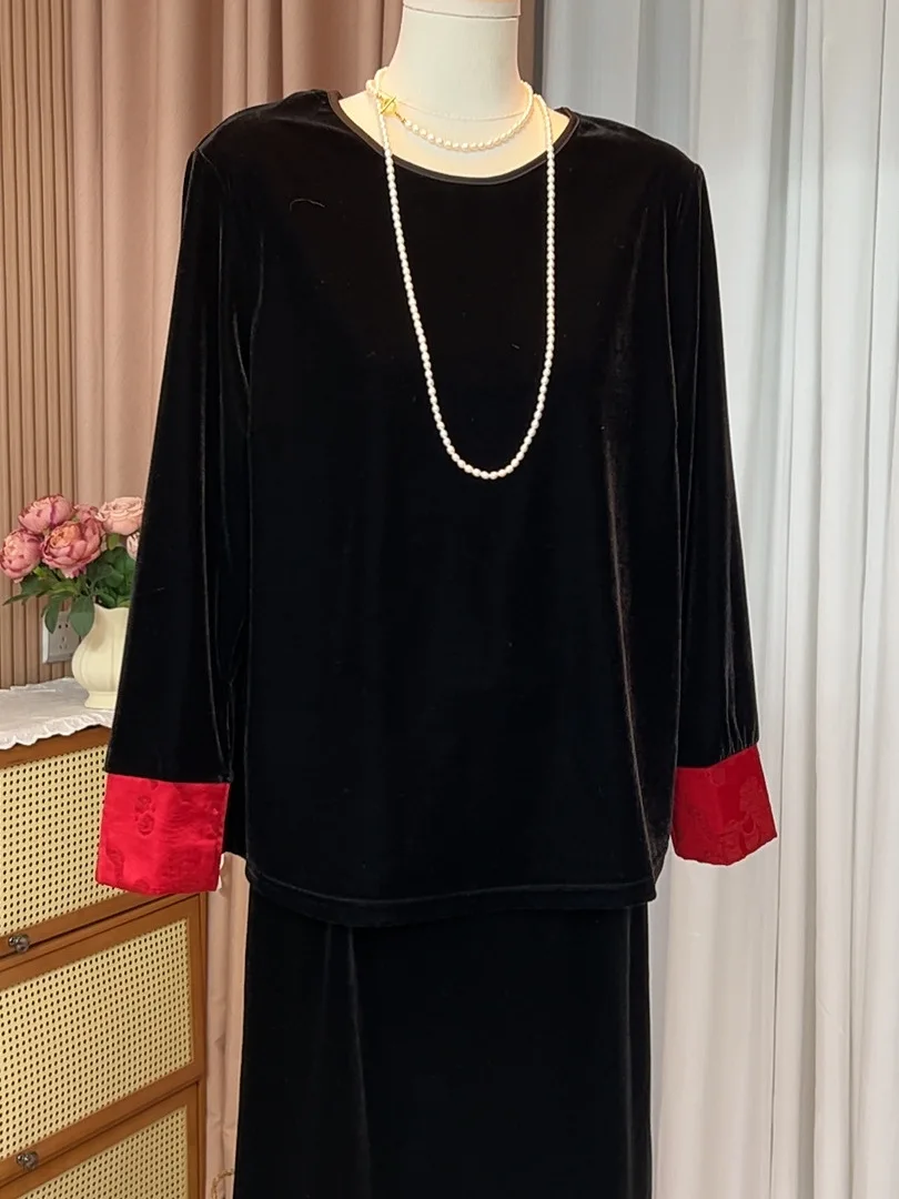 

Винтажная женская блузка из бархата с пэчворком, свободного кроя, с круглым вырезом и длинными рукавами, элегантная базовая модель